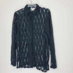 CW Classics Black Lace Buttonfront Blouse, Size Large